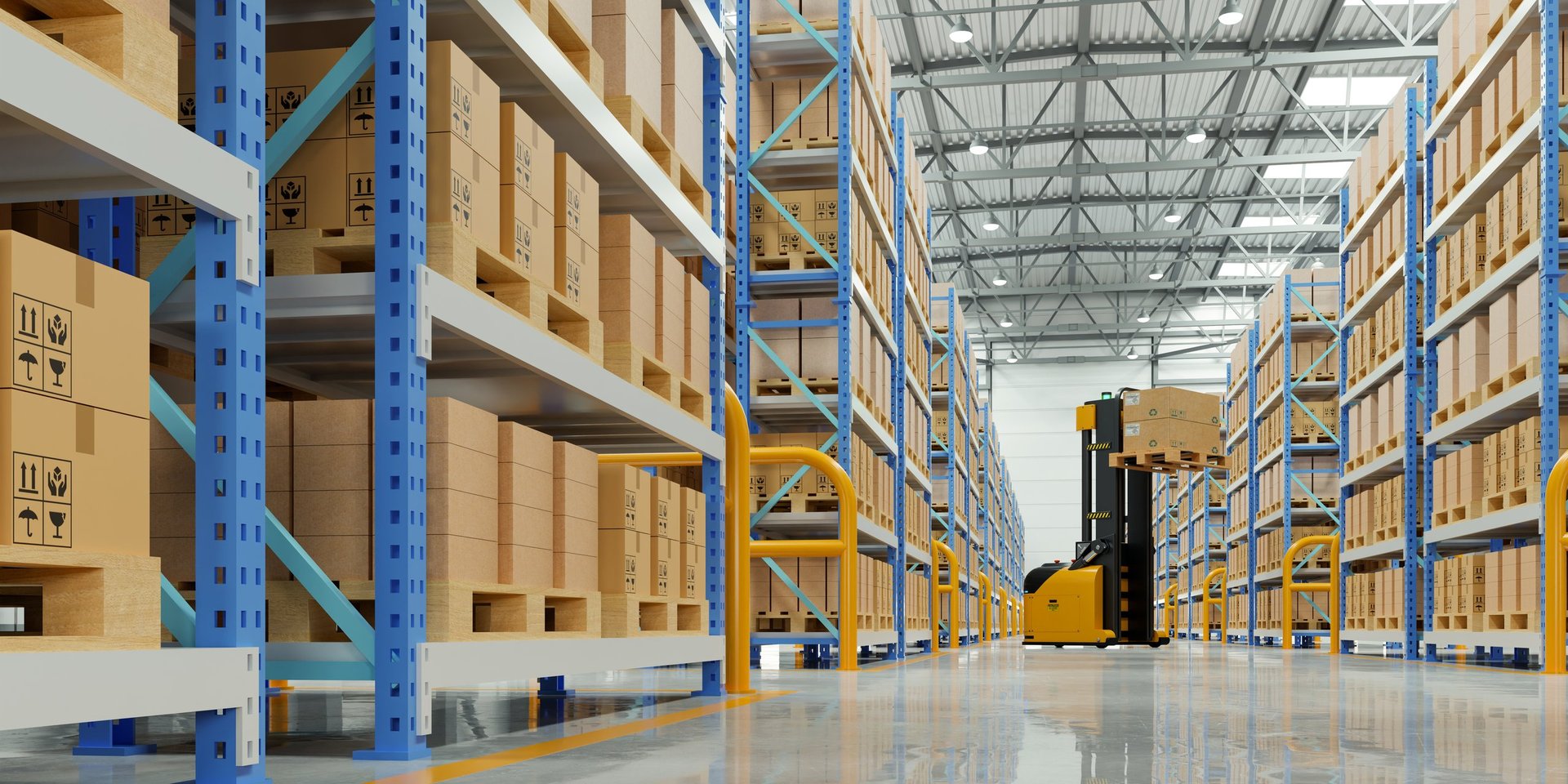 Modern logistics warehouse interior with rows of tall shelves and pallets