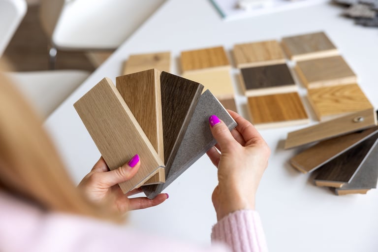 designer choosing skirting color from samples in interior design studio
