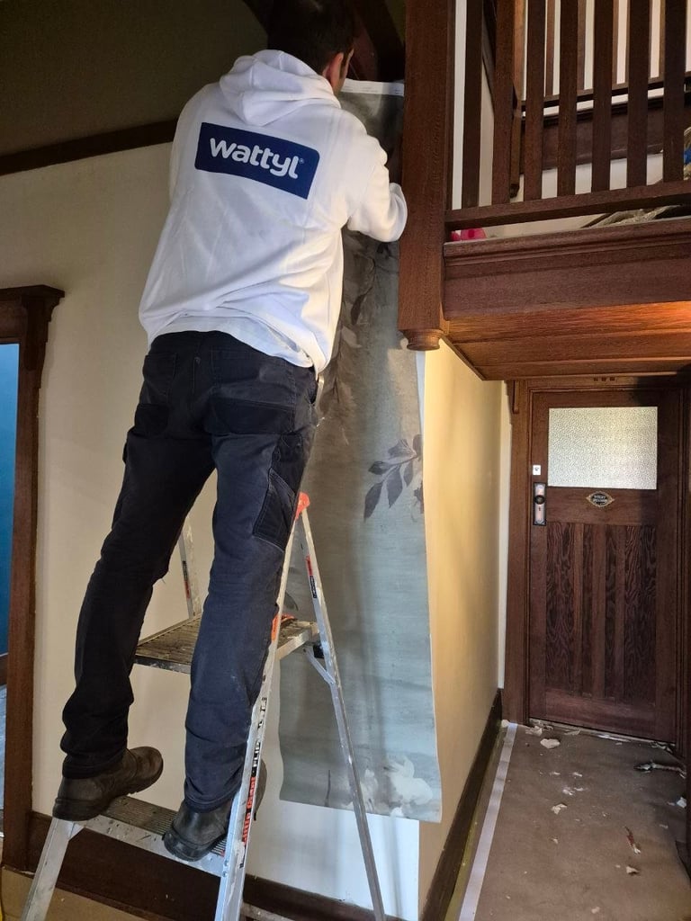 Worker on ladder wearing white Wattyl branded shirt, installing or working on drywall in residential interior