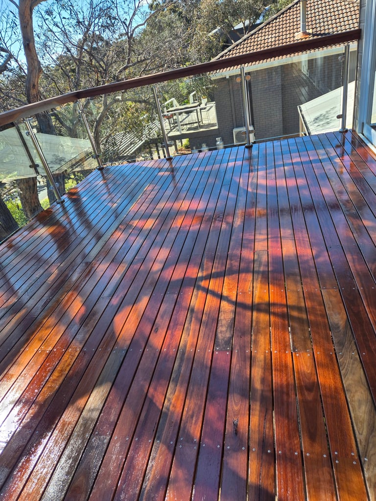 Wooden deck with warm sunset shadows cast by tree branches, overlooking garden and landscaped yard with trees
